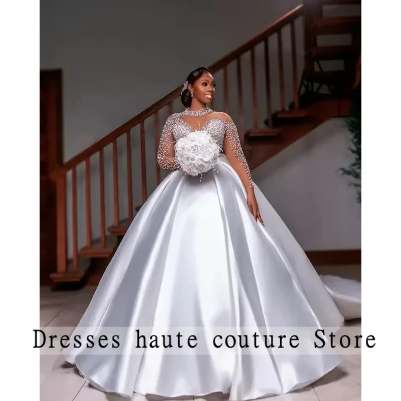 

Customized African Elegant White Satin Wedding Dress High Collar Lace Long Sleeve Bride Dress Luxury Beaded robes De mariée