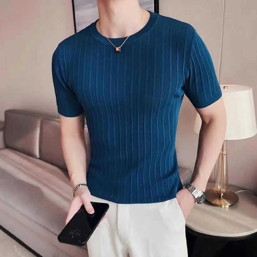 2022 Brand Clothing Men's Summer Leisure Short Sleeve T-Shirt/Male Slim Fit O-Neck Stripe Knitted T-Shirt Plus Size S-4XL