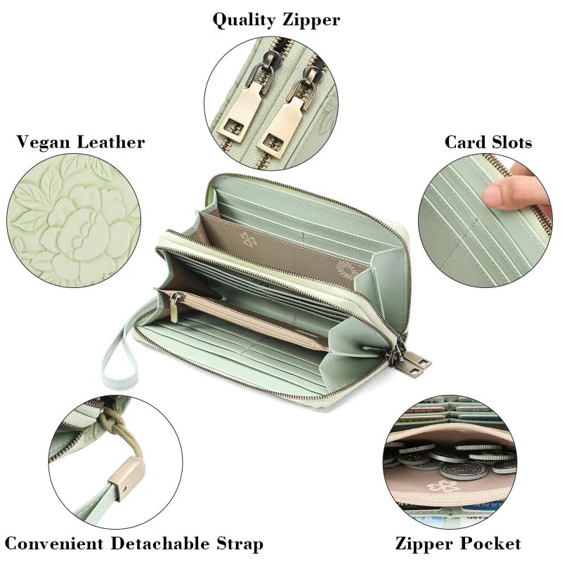 Western Long Double Zipper Flower Embossed PU Leather Women Wallet Large Capacity Print Purse for Laides