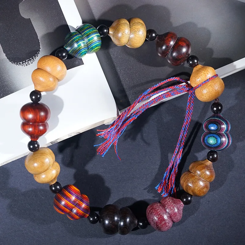 Multi-Gem Gourd Handheld Prayer Beads Blessing Wealth Buddhist Rosary Wooden Seven Treasures Bracelet Playable Jewelry