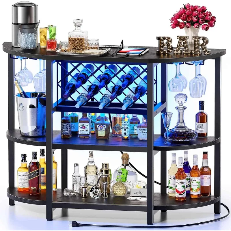 Bar Table Cabinet with Power Outlet, LED Home Mini Bar Cabinet for Liquor, Metal Wine Bar Stand with 4-Tier Storage