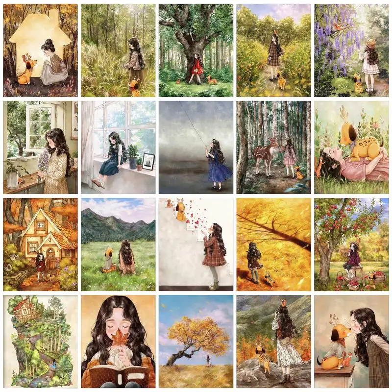 

RUOPOTY Painting By Numbers For Beginner Kits Forest Girl Little Animal Original gifts Character landscape animals For Home Deco