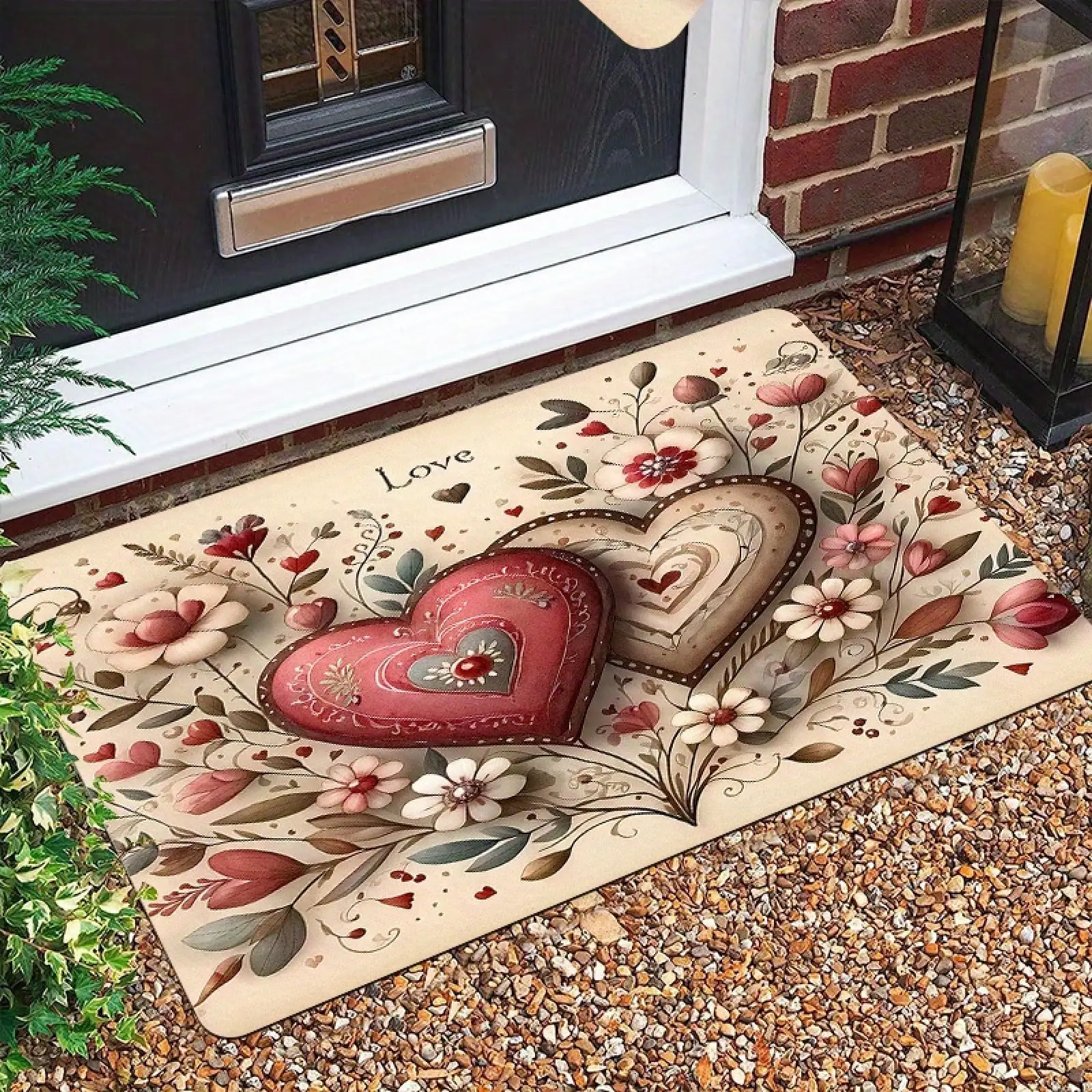 1pc Love Theme Welcome Doormat, Two Heart-Shaped Floral Patterns Polyester Soft Printed Carpet, Suitable Indoor/ Outdoor Entrance Decoration, Rural Spring And