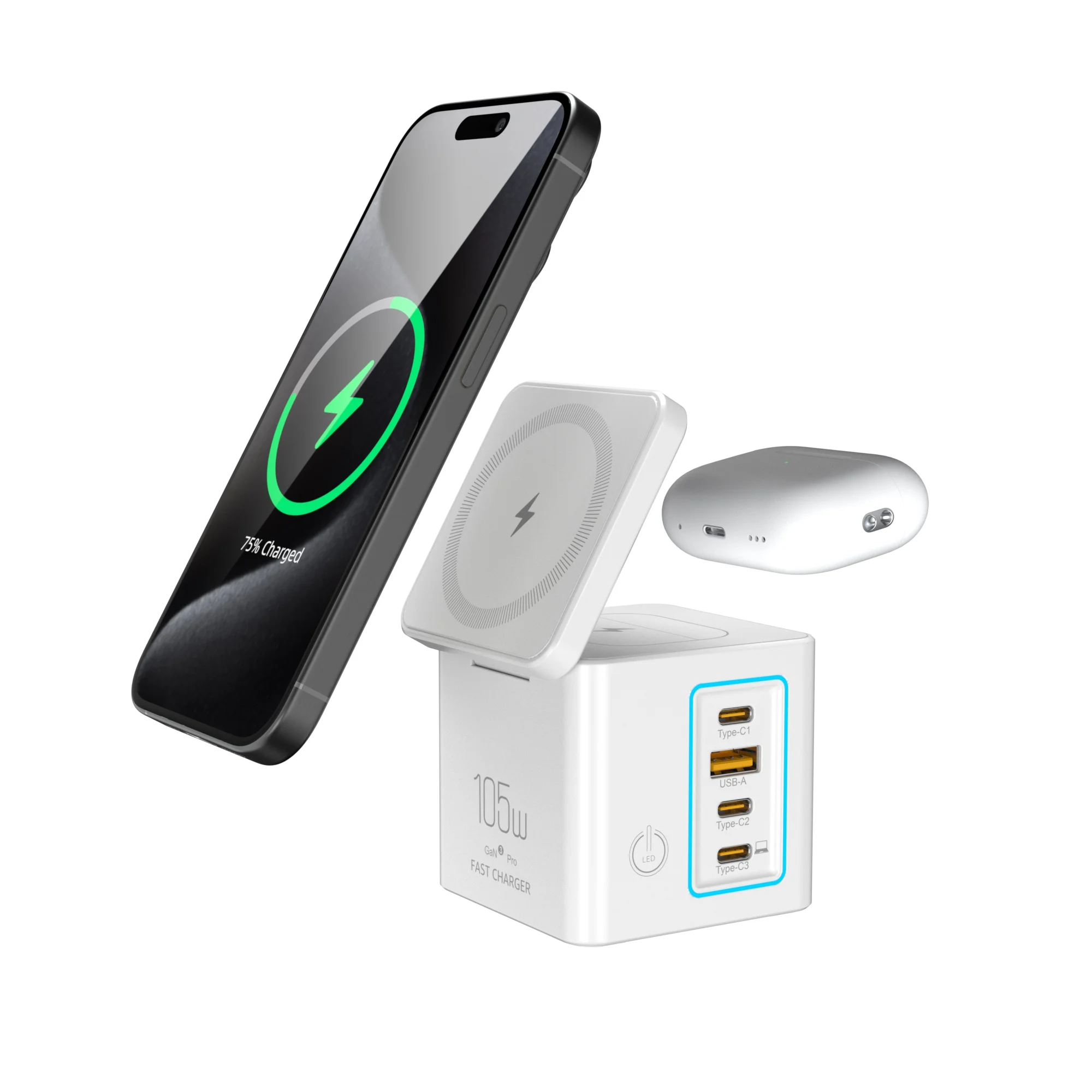 

GaN 105W Magnetic Wireless Charger Stand 15W Fast Wireless Charging Desktop Dock Station For iPhone16 15 14 13 Airpod