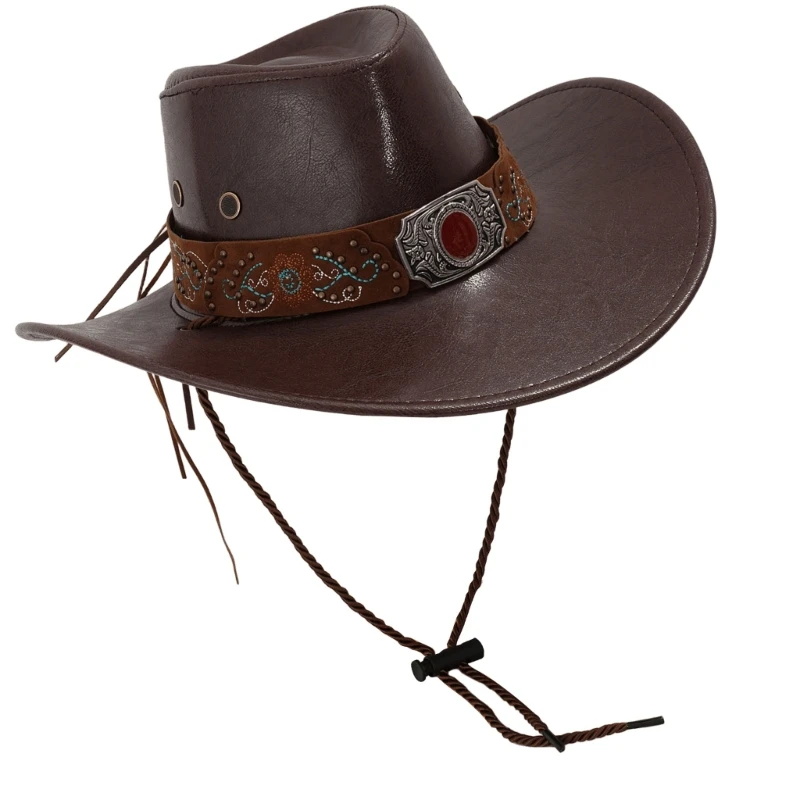 Eye Catching Western PU Leather Hat Roleplay Costume Hat Theme Party Top Hat Flower Band Ethnic Top Hat for Formal Event