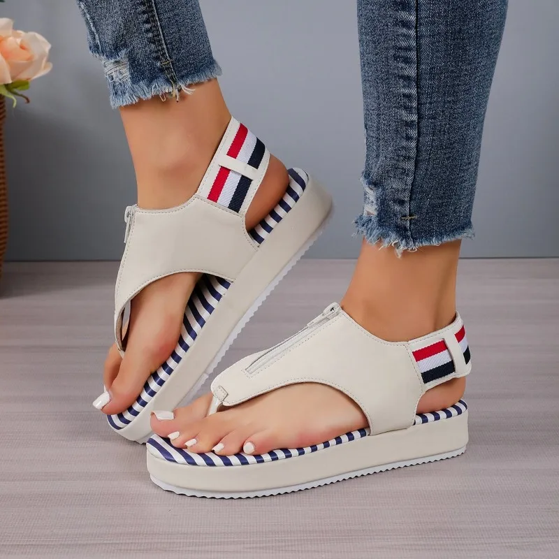 New Women Gladatior Summer Sandals Round Head Clip Toe Casual Lady Beach Flip Flops Female Buckle Zebra Print Beach Sandals