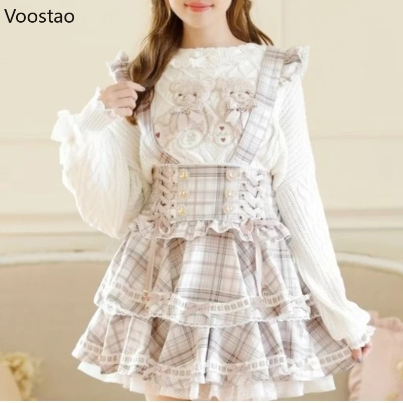 Doce lolita estilo pulôver de malha feminino vintage bonito pelúcia dos desenhos animados urso bordado arco camisola feminina harajuku malhas topos