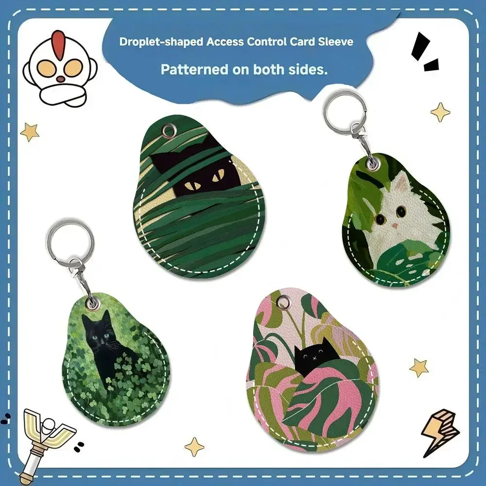 Abstract Green Plants Black Cat Keyring Leather Access Card Keychain Community Water Drop Proximity Card Protective Case