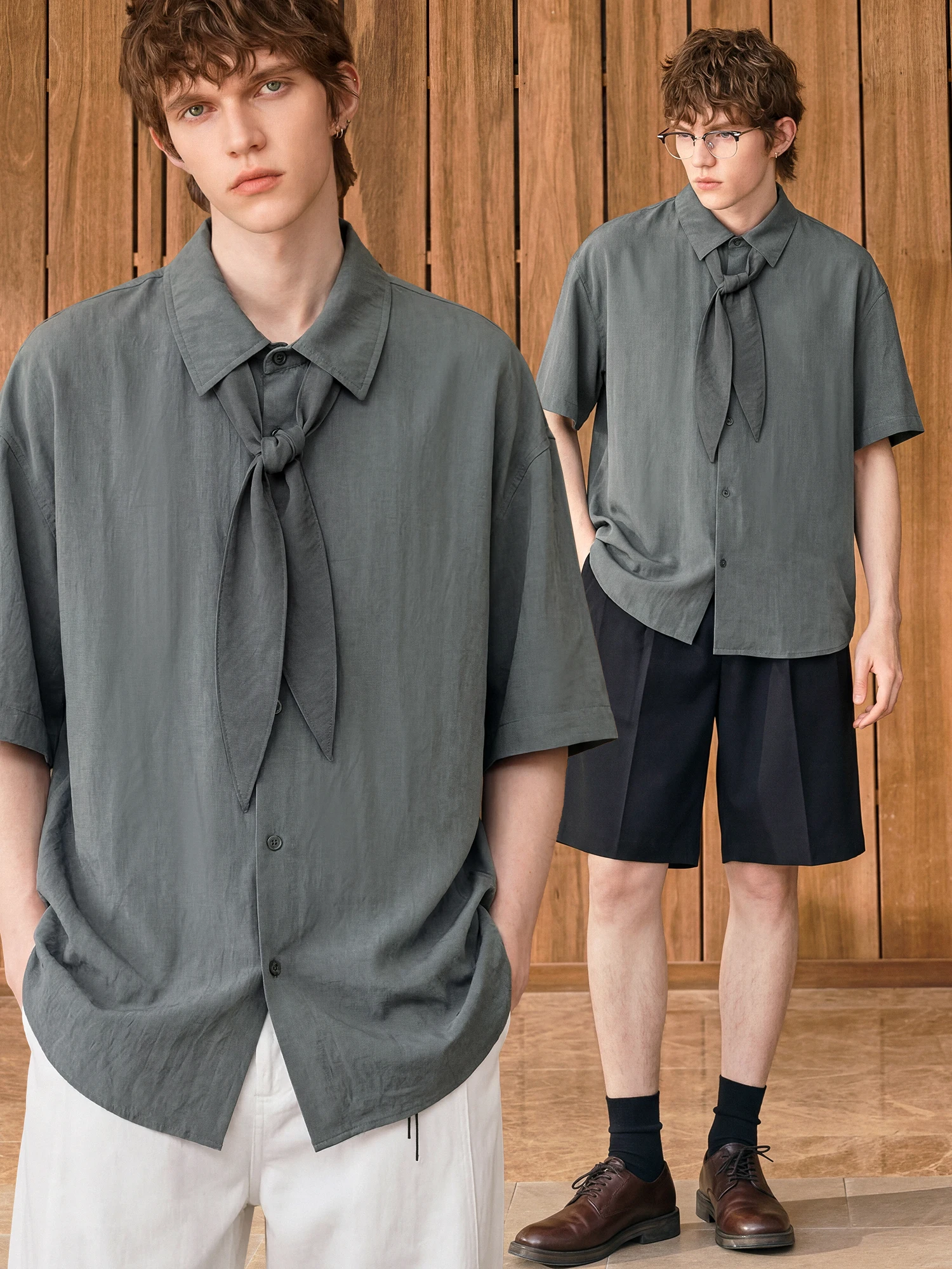 

Linen Blend Men's Loose Fit Shirt with Silk Scarf Tie Short Sleeve Spring Summer Street Style Simple Top Coat