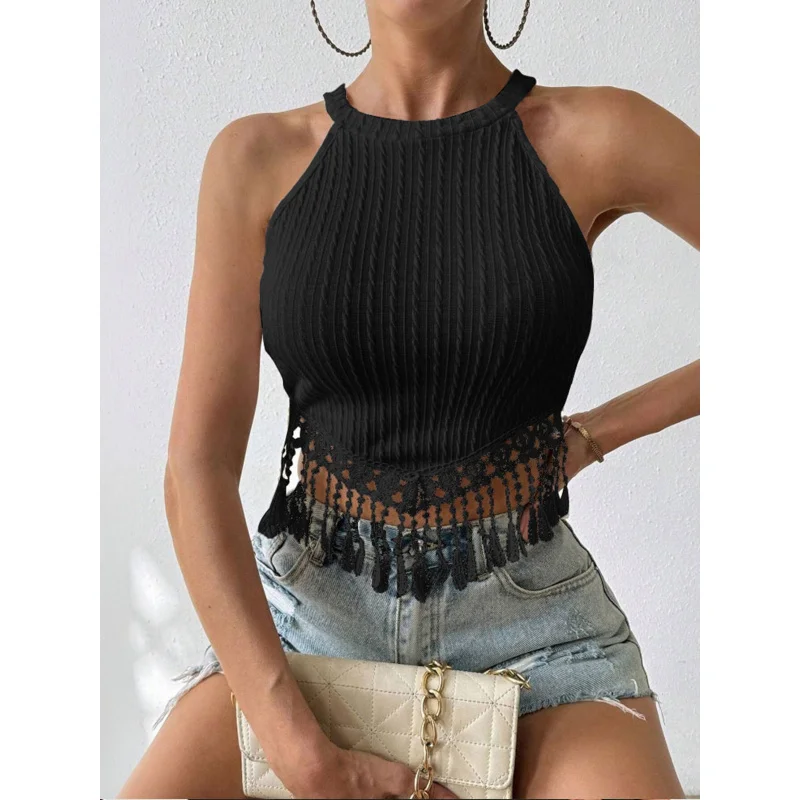 Women Halter Knit Crop Top Sleeveless Lace Tassel Hem Ribbed Slim Fit Y2K Cami Tank Top Multi Colors