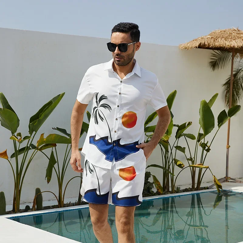 

Men Single Breasted Print Blouses Sets Turn Down Collar Shirts Shorts Two Pieces Casual Spliced Pockets Button Beach 2025 New