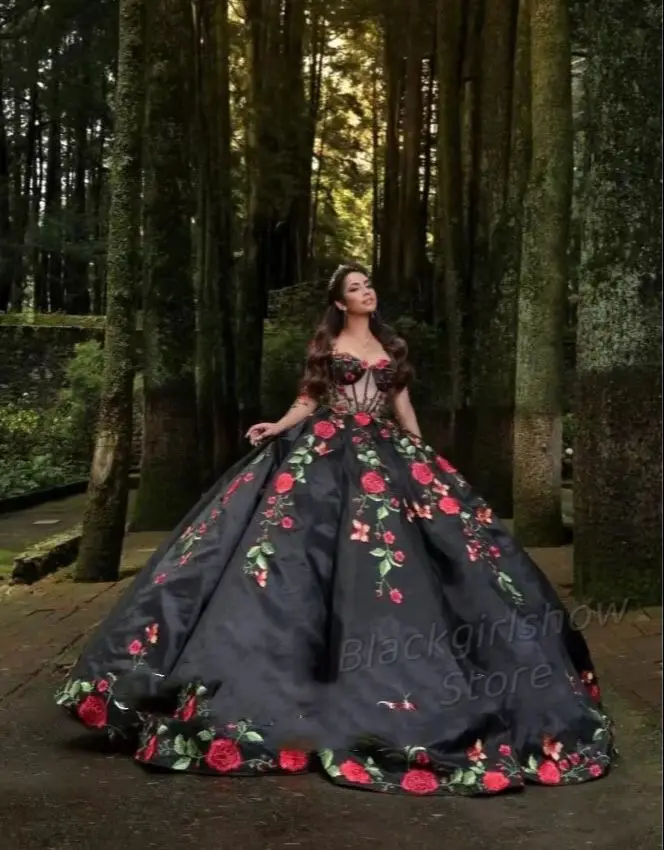 Vintage schwarz 3d Blumen Charro Quince anera Kleider für Garten Mütze Ärmel süß 16 Ballkleid Vestidos de 15 mexikanische Mädchen xv