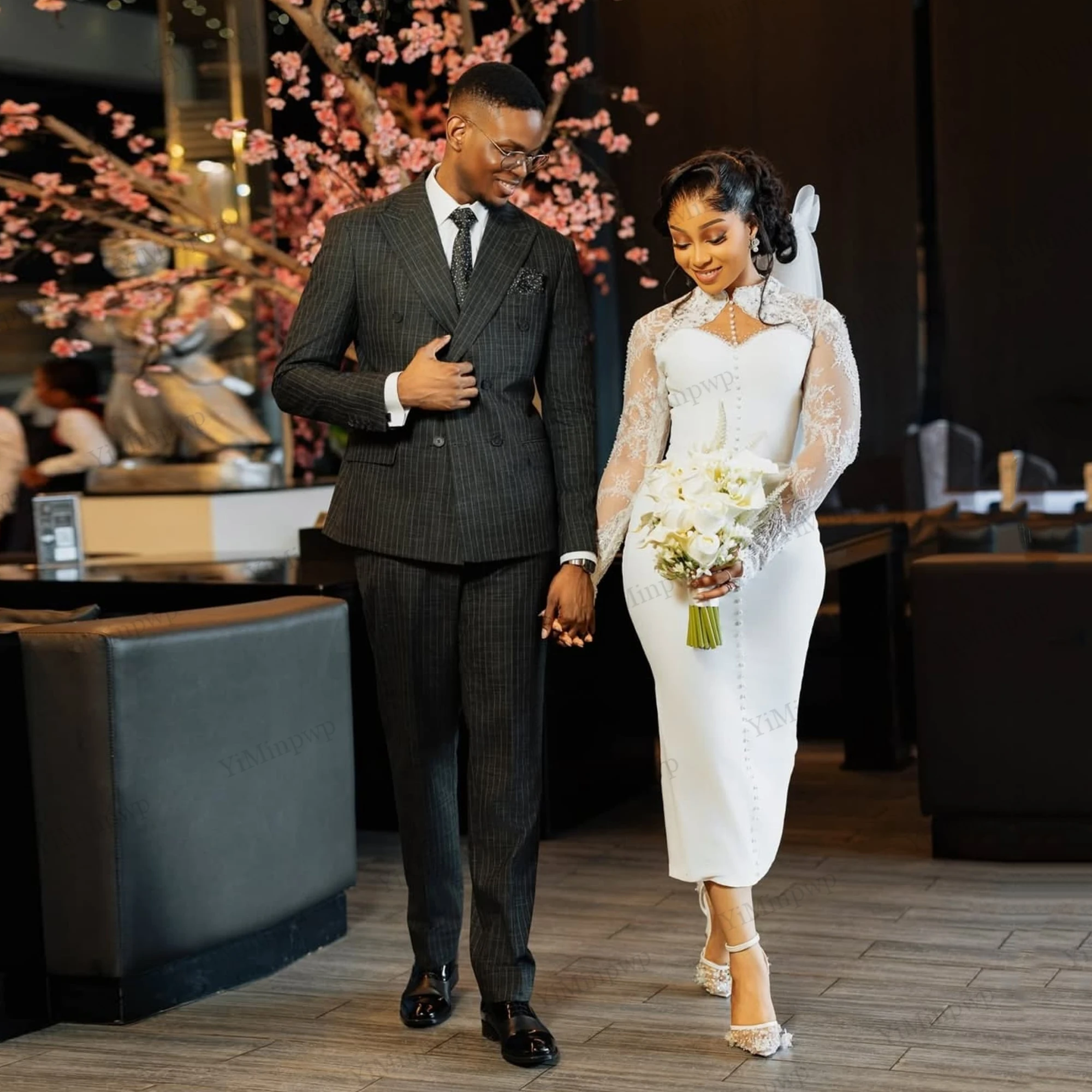 Civil Wedding Dresses for Bride 2026 O-Neck Full Sleeve Tea Length Aso Ebi Nigeria Lace Bridal Reception Dresses Customized