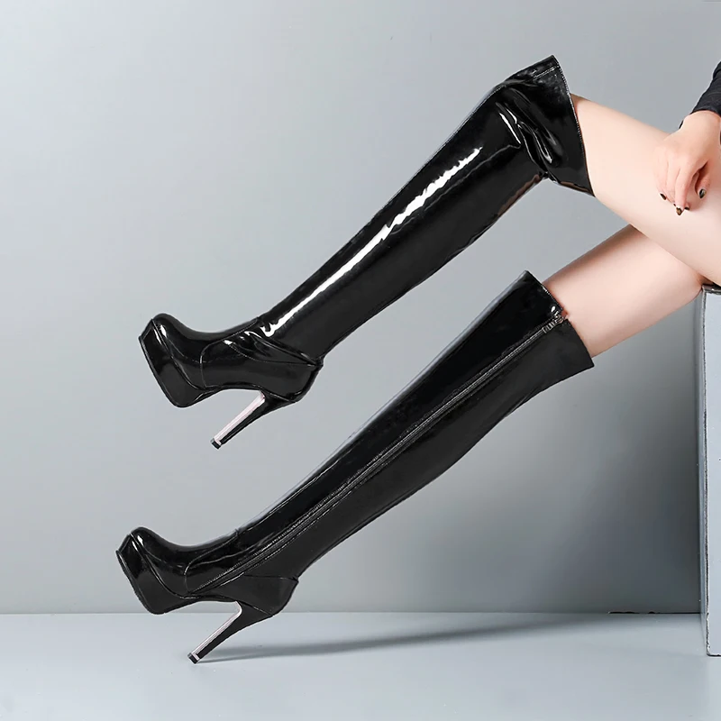 Plus Size Platform High Slim Heel Glossy Patent Leather Zipper Women\'s Over The Knee Length Boots Nightclub Performance Boots