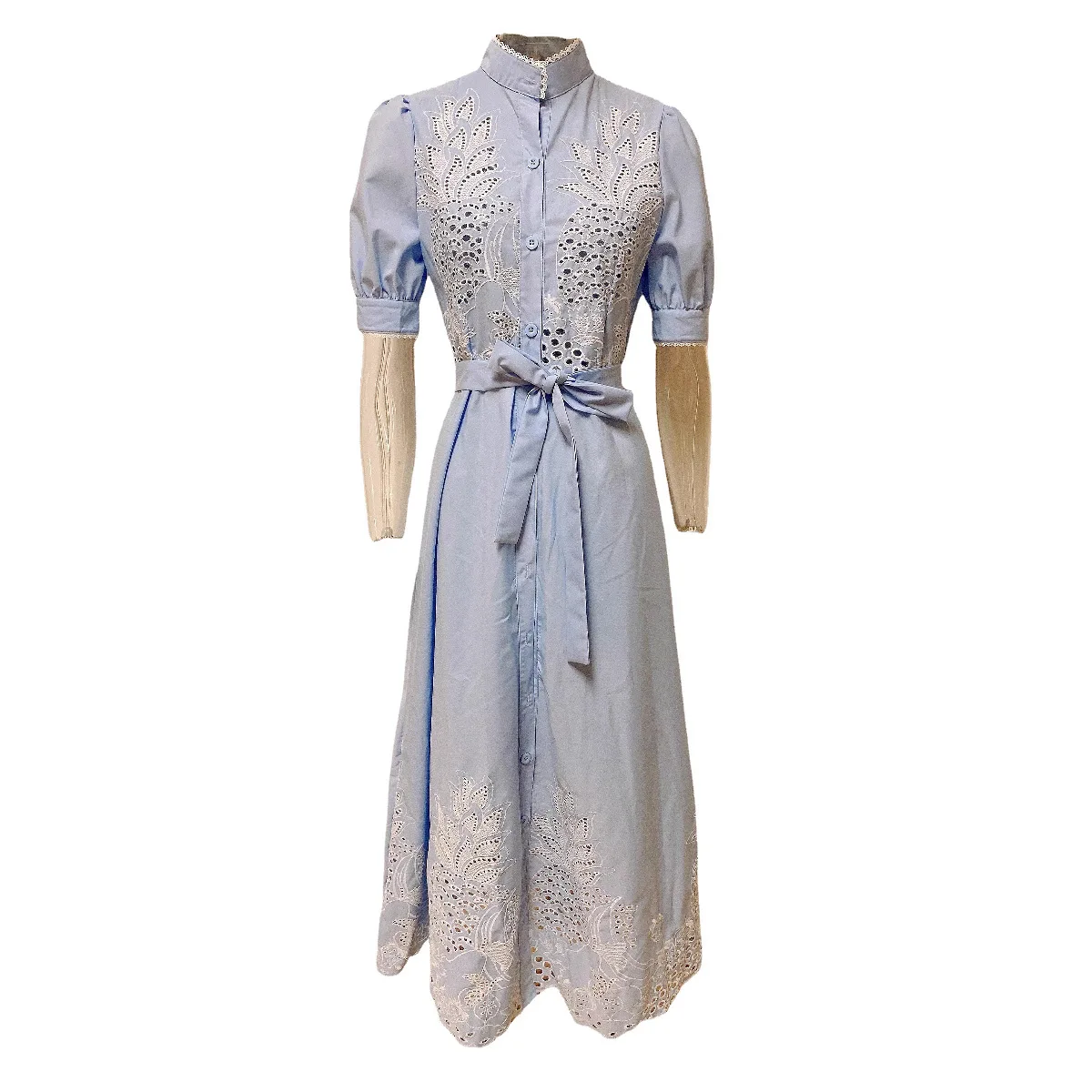 2025 Zomer Bladerdeeg Mouw Kant Feestjurk Sexy Hollow Out Patchwork Borduren Lange Jurk Elegante Vrouwen Tie-Up Gordel shirt Jurk