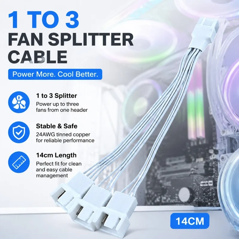 4Pin Fan Splitter Cable 1 to 3, PWM CPU Cooler Extender, 14cm, 24AWG Tinned Copper, White