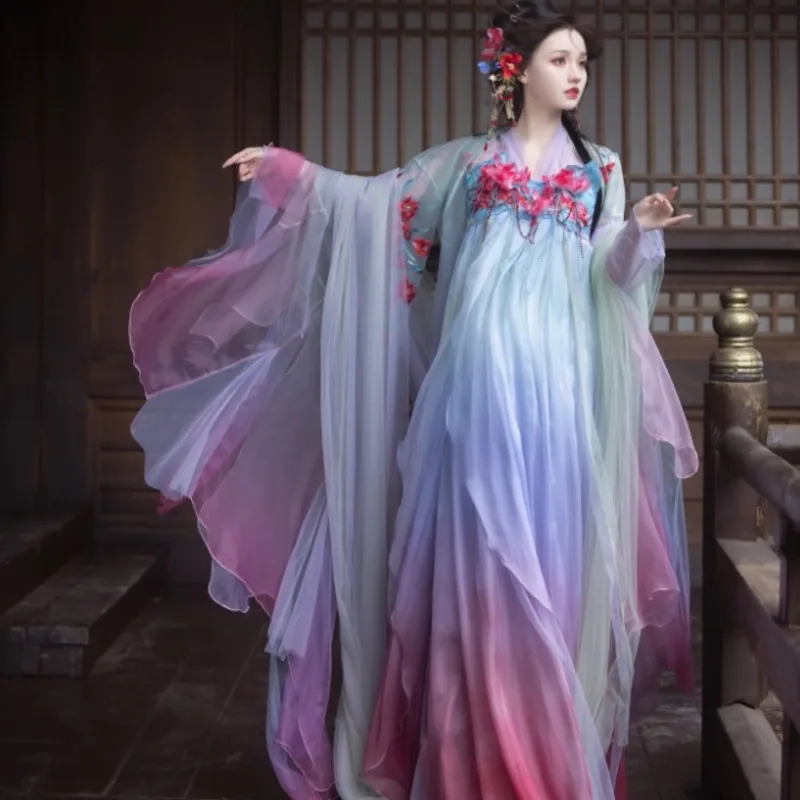 

Женский комплект Hanfu, традиционная китайская одежда, костюмы Тан для косплея, летнее тонкое сценическое модное вечернее платье феи, женский костюм
