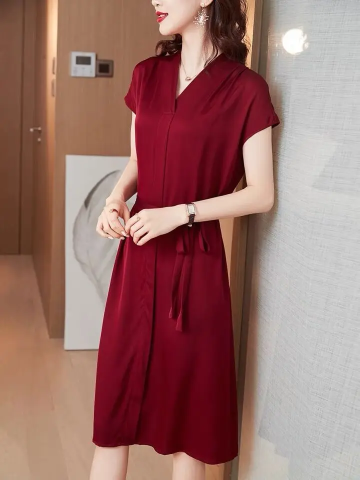 Women Vintage Acetate satin Dress raglan Sleeve V-neck Solid Elegant Casual Party Dress 2024 Summer OL Fashion Dress Vestidos