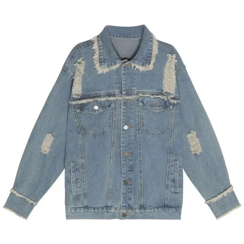 

Повседневная женская новая весенне-осенняя универсальная джинсовая куртка высокого качества, оверсайз, рваная потертая подолом с бахромой, корейский шик