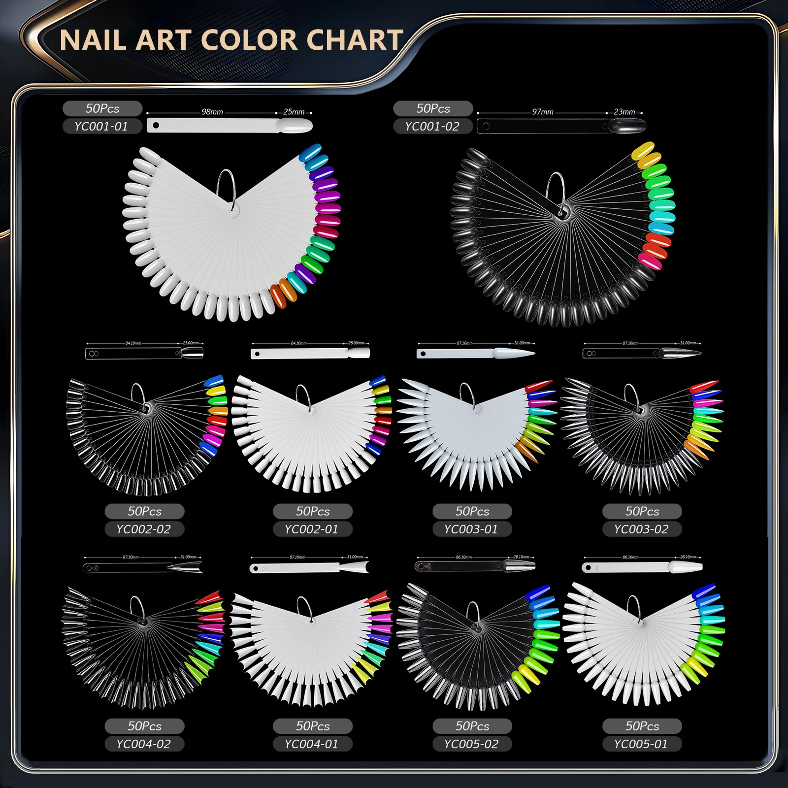 Waaiervormige nagellak displaykaart, acryl nageltip kleurenpraktijkpalet met ring voor nail art training