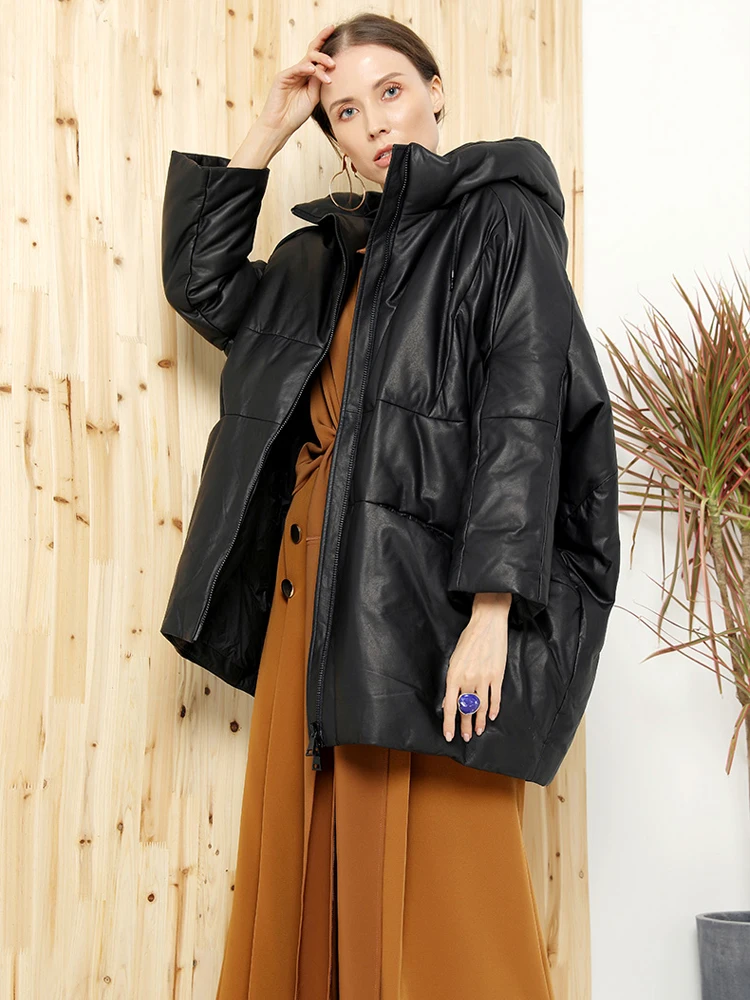 Luxury Hooded Sheepskin leather down jacket Batwing sleeve coat Oversized Women Winter 2024 Collection Warm Outwear INKEO 3O339