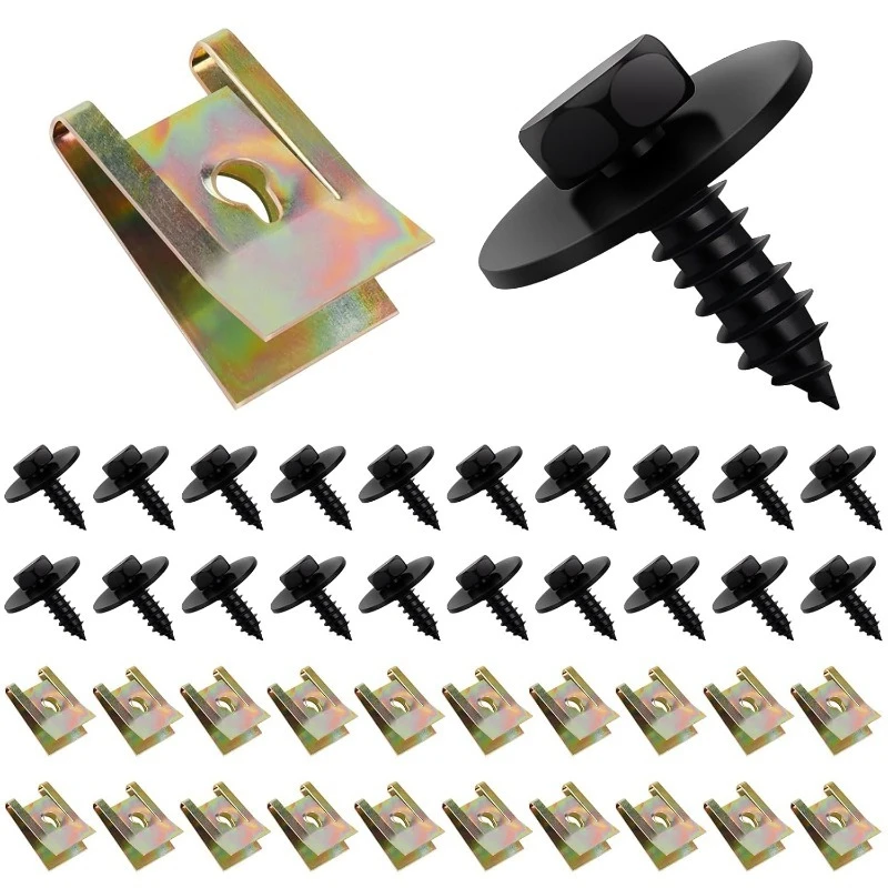 40Pcs Screw Nut Clips Kit  Body Fender Screws Bumper Guard Plate Fixing Bolts U Type Fastener Clip Wheel Arch Undertray Fender