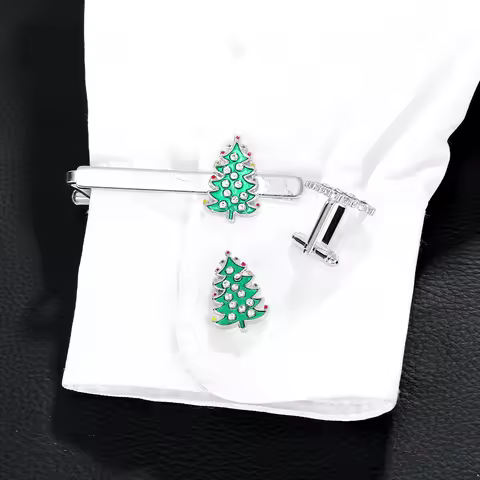 Funny Crystal Christmas Tree Shaped Cufflinks&amp;Tie Clip Set Mens Xmas Jewelry Gift
