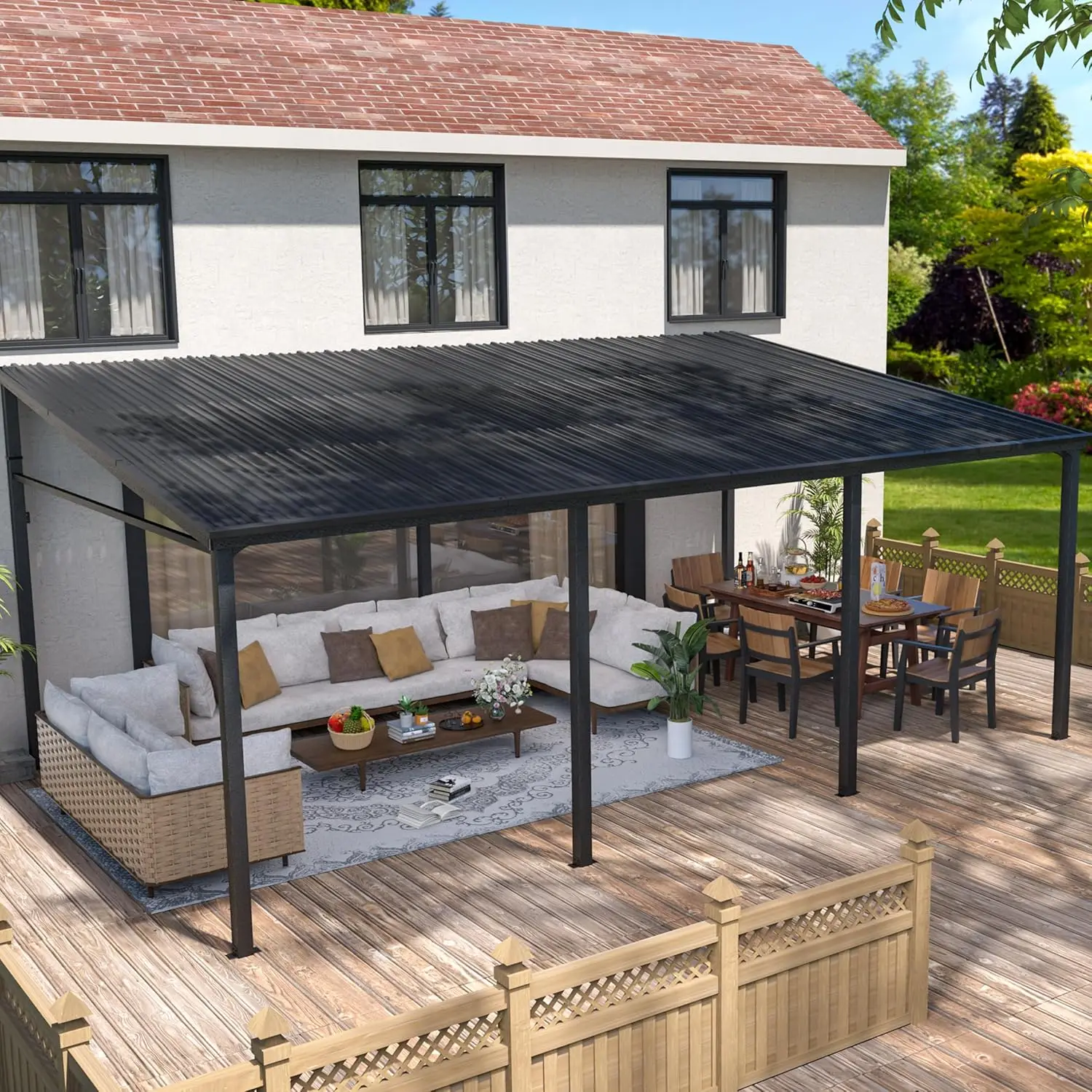 

12x20 FT Wall Mounted Gazebo, Hardtop Lean to Gazebo with Metal Iron Roof, Outdoor Pergola with Drainage Holes for Patio, Deck,