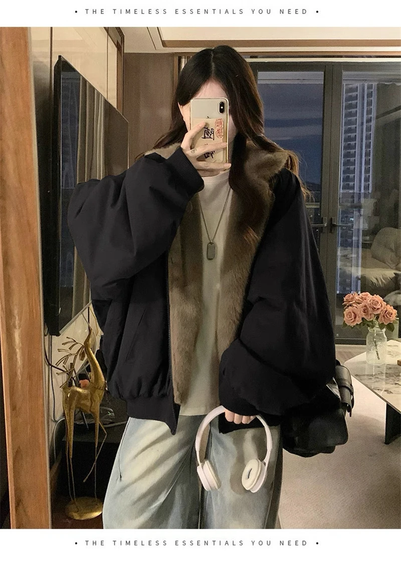 Winter Double Sided Wearable Plus Velvet Thick Warm Loose Women Parka Coats Fleece Hooded Casual All-match Cotton Padded Jackets