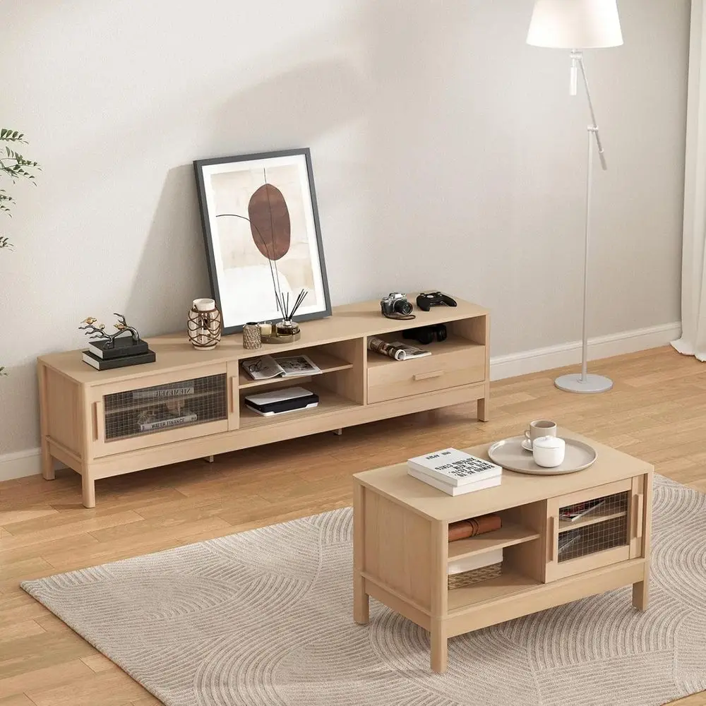 

2-Piece TV Stand and Coffee Table Set, 75 Entertainment Center with Acrylic Doors, Oak Finish for Living Room