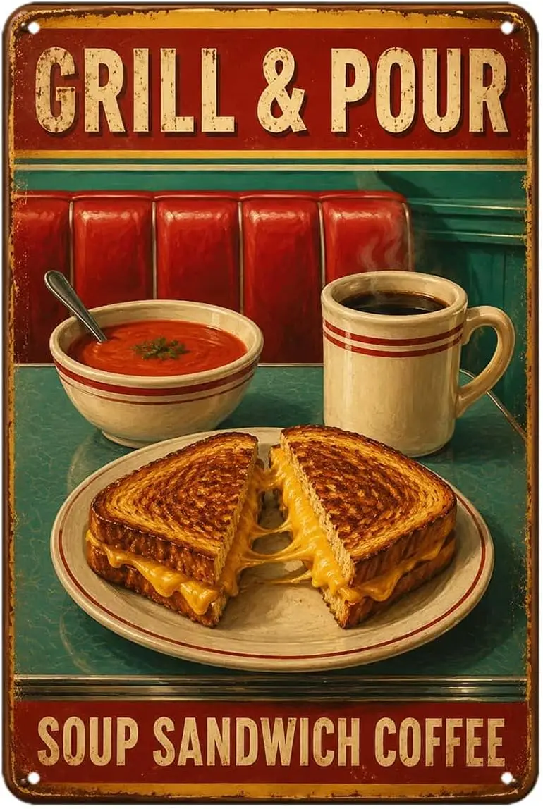 Grill and Pour Soup Sandwich Coffee Sign Vintage Retro Diner Cafe Food Drink Metal Tin Sign Wall Decor for Home Kitchen Bedroom