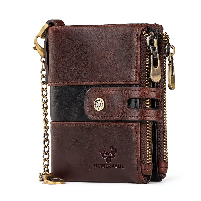 KAVIS Free Engraving Genuine Leather Men Wallet Double Zipper Coin Purse Small Mini Card Holder Portomonee Male Walet Pocket New
