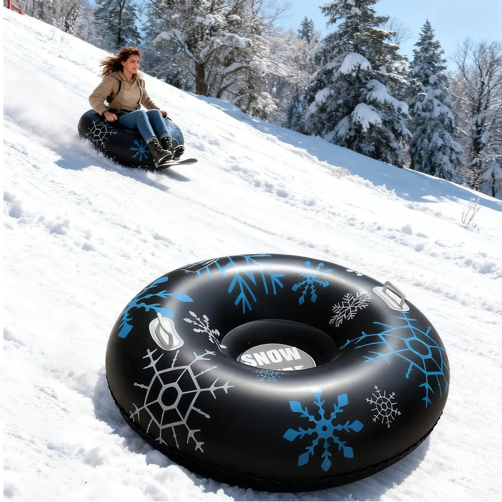 

Heavy-Duty Inflatable Snow Tube 35.43in Thickened PVC Sled with Double Handles Winter Sledding Tube for Ski Hill, Snow Games