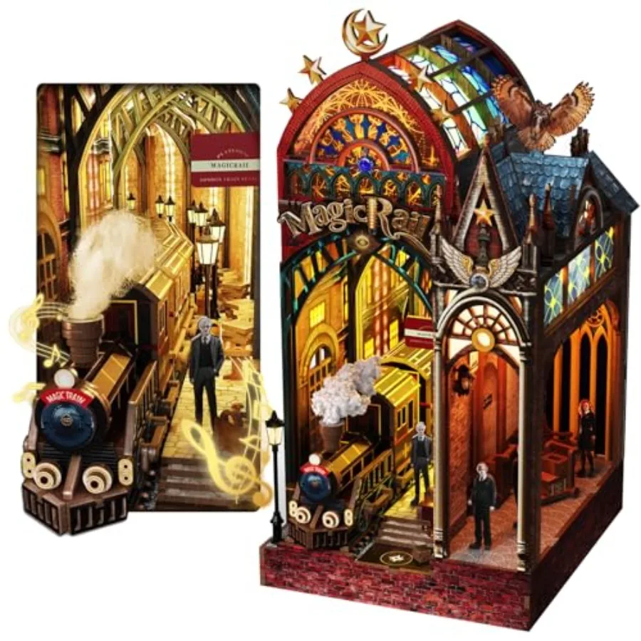 

3D деревянные пазлы для взрослых: Волшебная железнодорожная станция, набор для создания книжного уголка, 3D-пазл со светодиодной подсветкой, миниатюрная деревянная модель для самостоятельной сборки