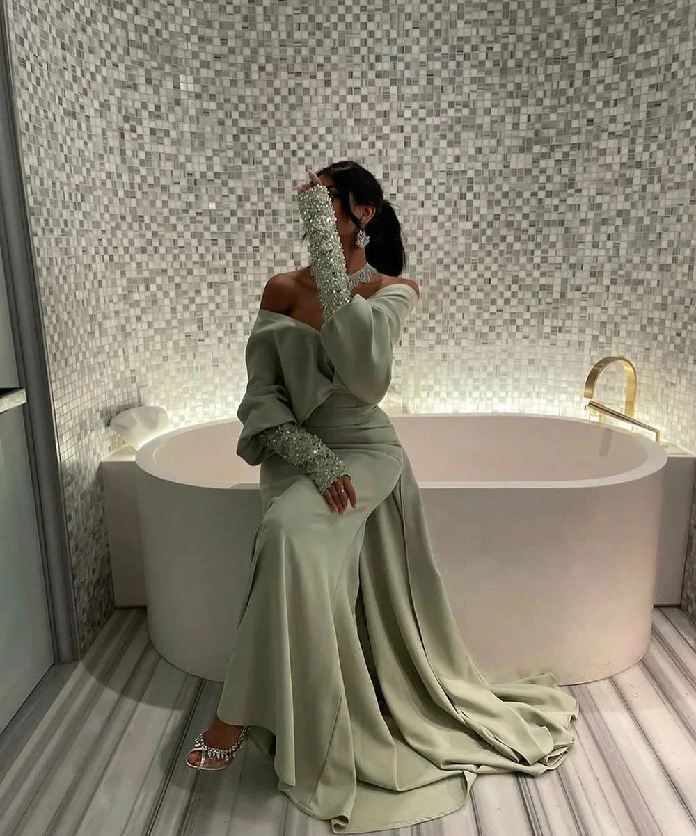 Sansa Sexy Light Green Off Shoulder Prom Dresses Mermaid Long Sleeved Sequin Vestidos de fiesta Zipper Bow Pleats فساتين سهرة