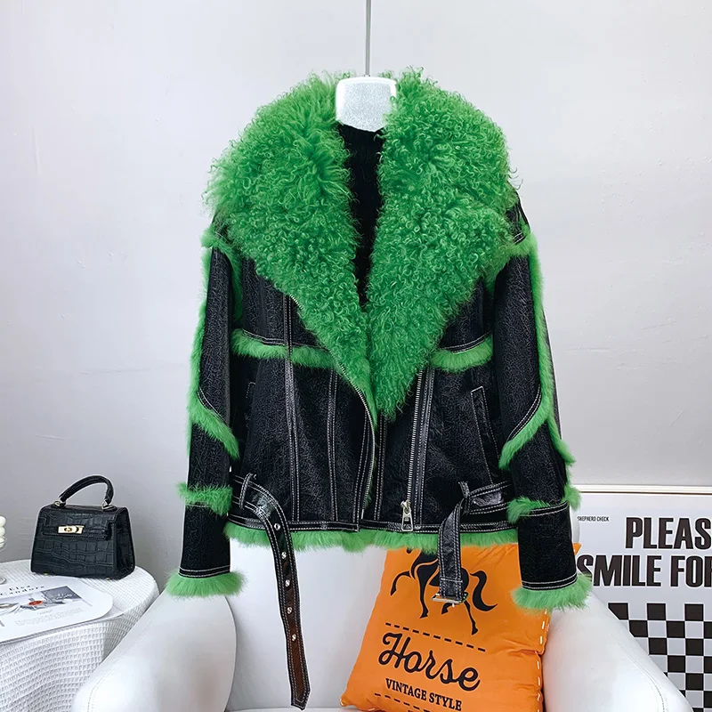 Women Girl Rabbit Fur Warm Coats Female Lady Lamb Wool Fur Collar Motorbike Jacket Winter Overcoat JT3238