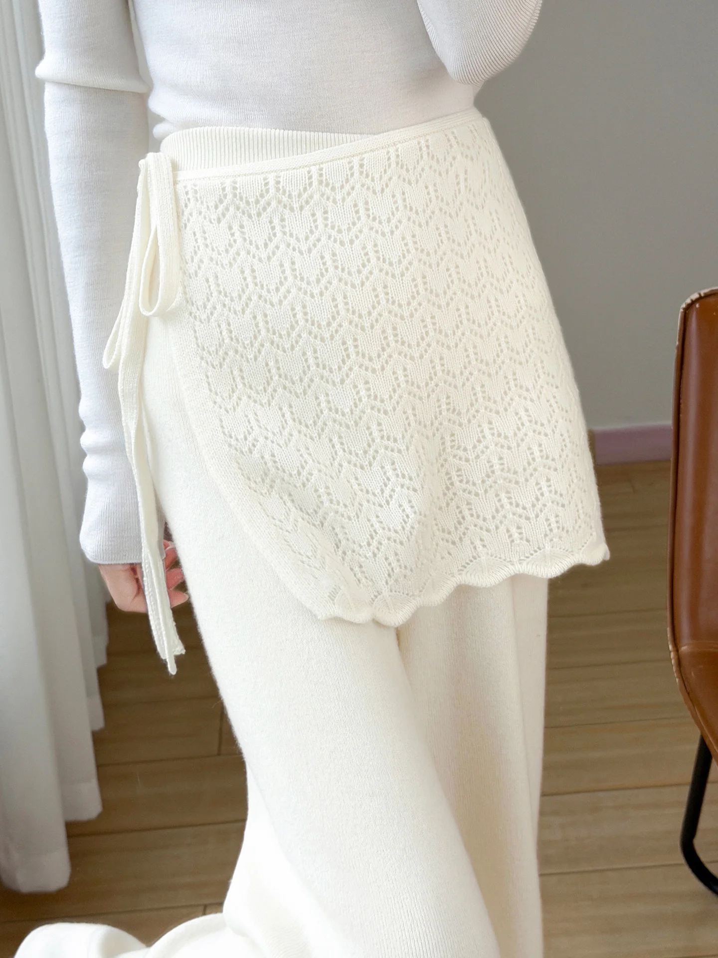 Flower Edge Scarf Waist Wrap for Women, 100% Pure Wool Knitted Lace Up Skirt Waist Belt, Autumn Winter Skirt Layering Accessory