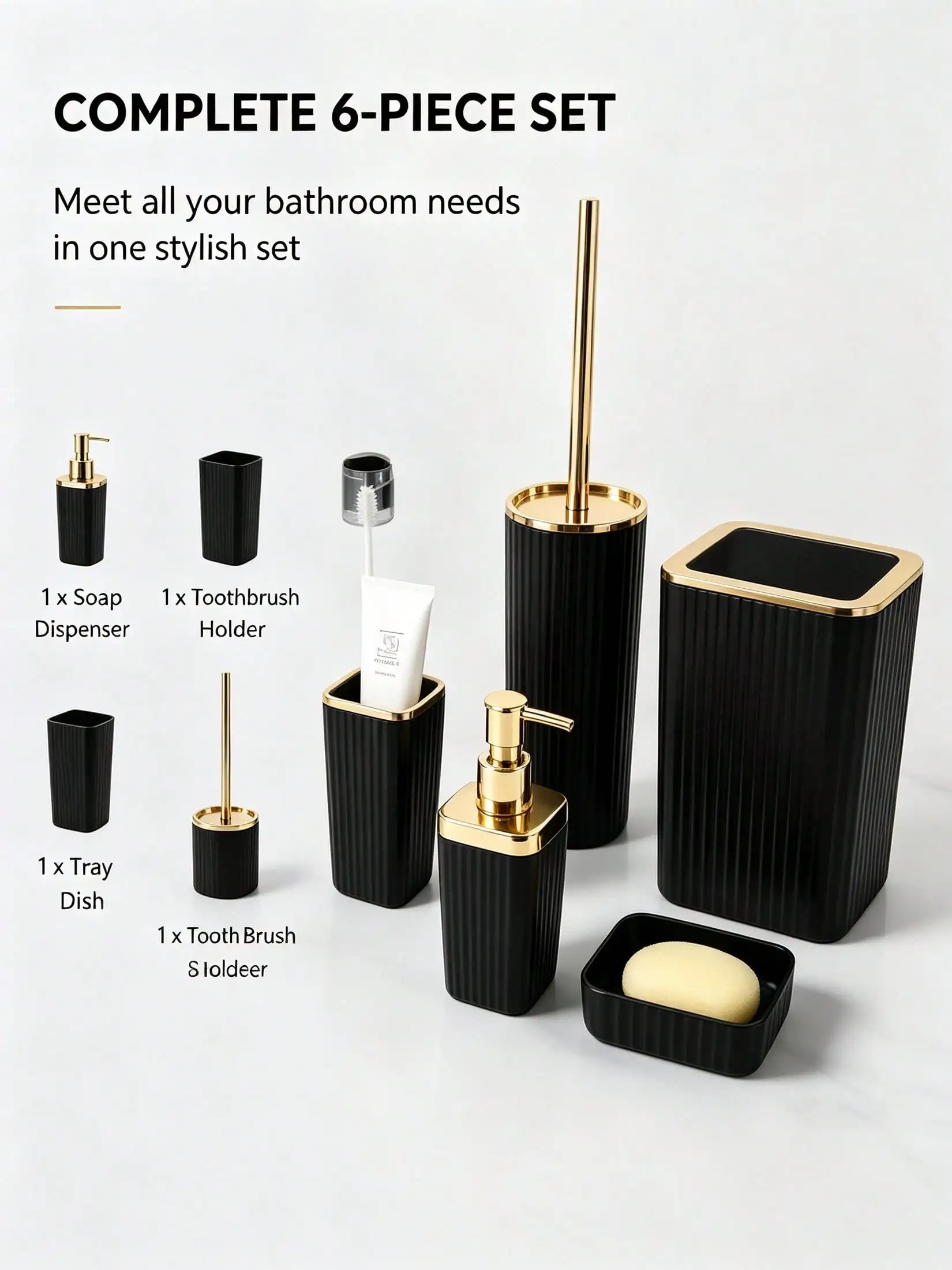 6-Piece Black & Gold Bathroom Accessories Set, Modern Ribbed Design, Soap Dispenser, Toothbrush Holder, Tumbler Cup, Soap Dish, Toilet Brush & Waste Bin  sh260830155913582262932