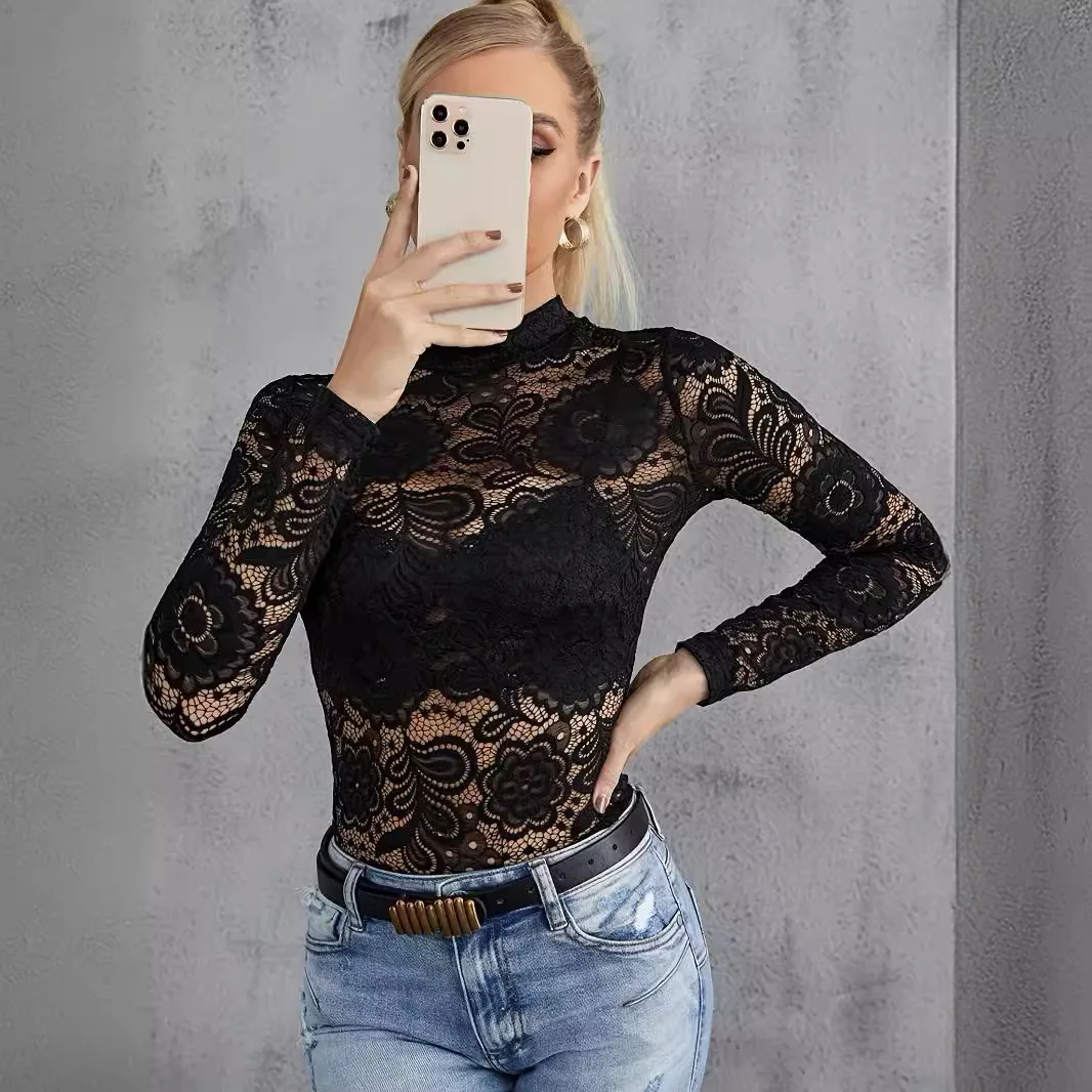 

2025 autumn and winter fashion versatile lace thin outer wear T-shirt long-sleeved bottoming shirt hollow-out slim slim