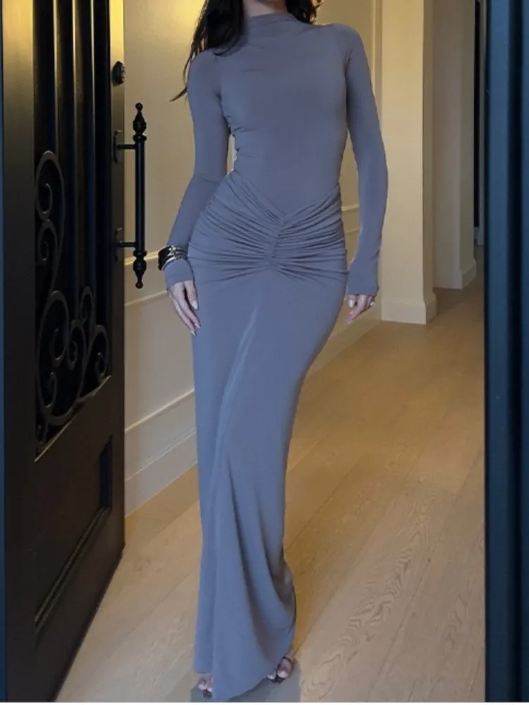 

Autumn And Winter Temperament Elegant Stand-up Collar Long-sleeved Long Skirt Waist-tight Slim Hip-wrapped High-waisted Dresses