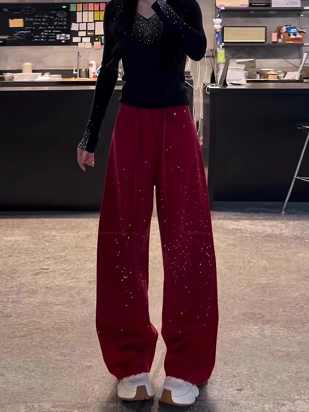 

Spring 2026 New Vintage Heavy Embellied Wide Leg Pants Women's Small Size High Waist Drapey Red Knife Casual Jeans