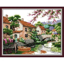 Joy Sunday Pre-printed Cross Stitch Kit Easy Pattern Aida Stamped Fabric Embroidery Set-Rural Landscape