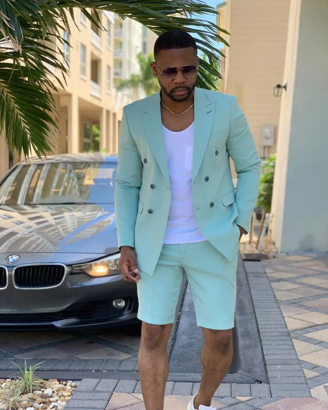 

2022 Summer Men's Suits 2 Piece Mint Green Casual Double Breasted Blazer Slim Fit Groom Wedding Tuxedo Jacket Short Pants Set