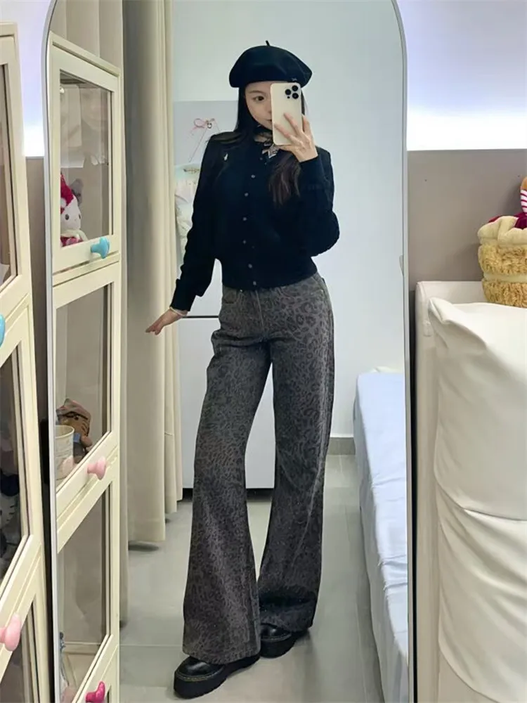 

Американские винтажные джинсы с леопардовым принтом, широкие, свободные, женские, с высокой талией, удлиненные, весенние, для стройности