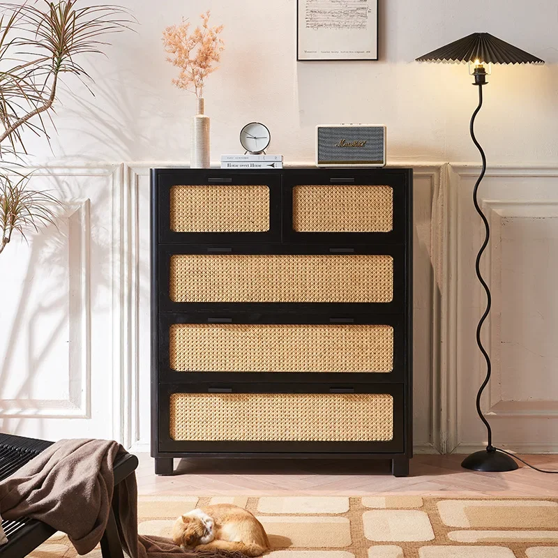 Rattan Solid Wood Five-bucket Chest Nordic Black Small Apartment Bedroom Wabi Sandy Wind Hand-woven Storage Cabinet