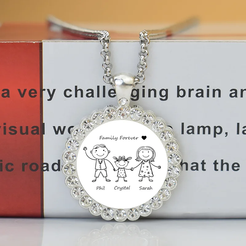 Personalized Family Name Necklace Custom Nickname Mom Dad Daughter Son Cartoon Photo Rhinestone Necklace