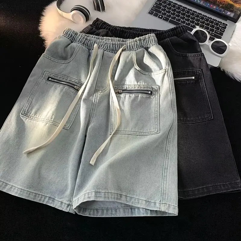 

Retro Washed Denim Shorts Men's Trendy Brand Summer American High Street Vibe Five-Quarter Casual Workwear Straight Leg Loose...