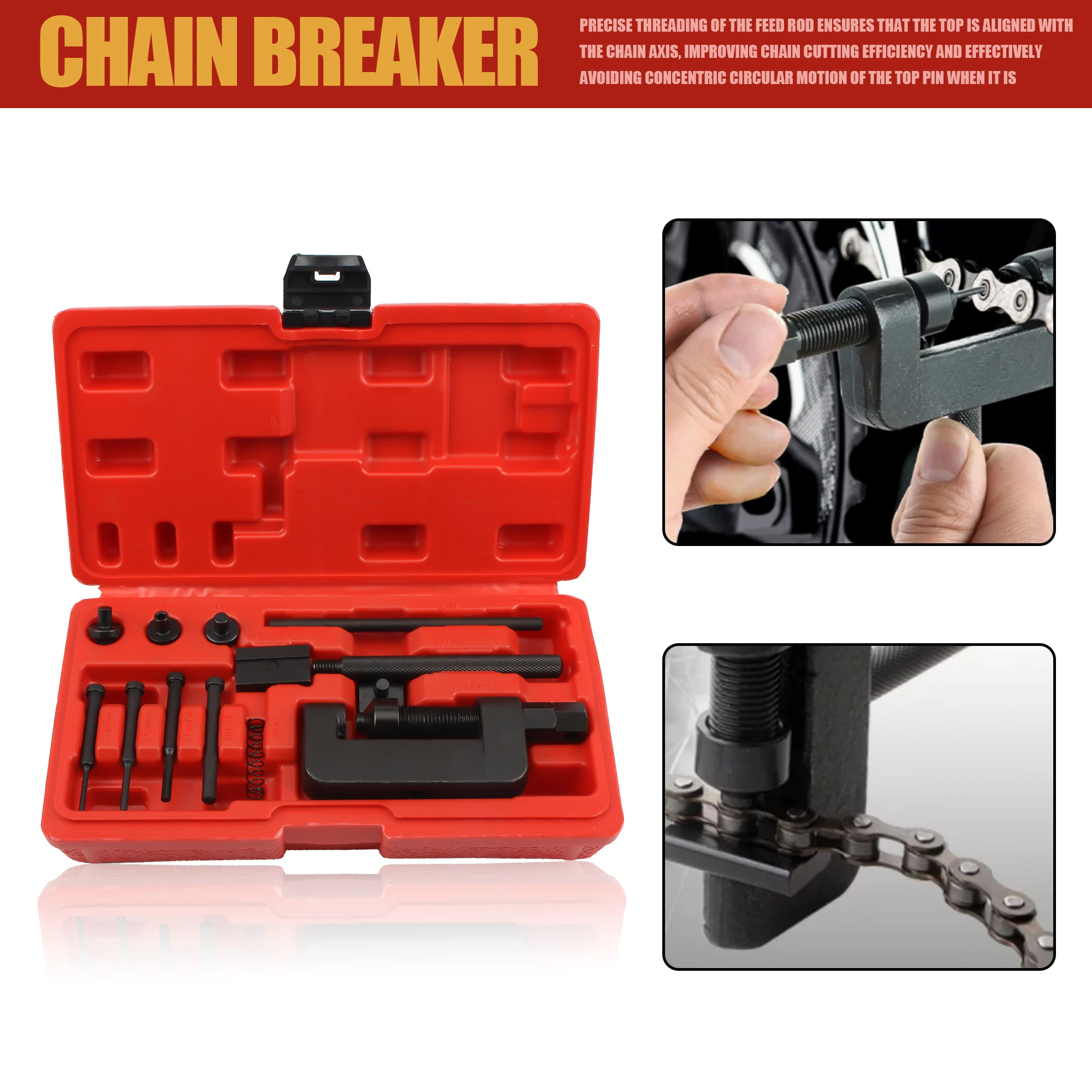 

13Pcs Motorcycle Chain Splitter Link Riveter Set Heavy Duty Riveting Repair Tool Kit With Red Case Cam Drive Chain Breaker