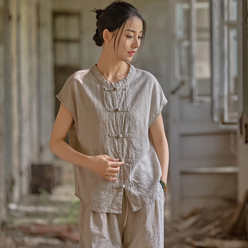 

Women Cotton Linen Casual Shirt New Arival 2025 Summer Chinese Style Vintage Stand Collar Female Short Sleeve Tops Shirts M1618