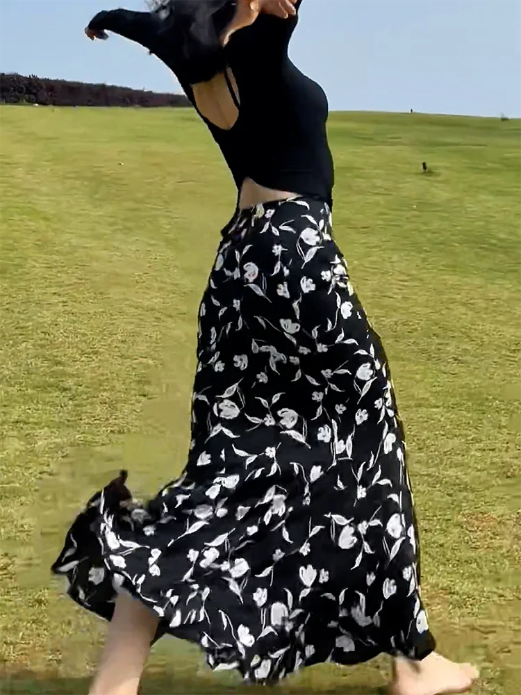 

Новая летняя повседневная длинная юбка-футляр с цветочным принтом для женщин, корейский стиль, для офиса и повседневной носки